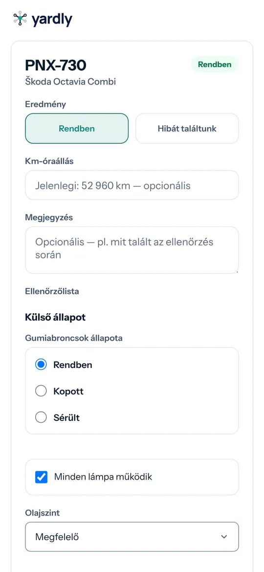 A kitöltő űrlap a sofőr telefonján