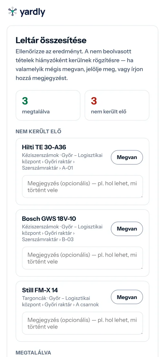 A leltár összesítése a megtalált és hiányzó tételekkel