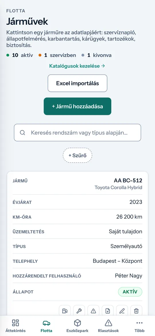 A járműlista telefonon
